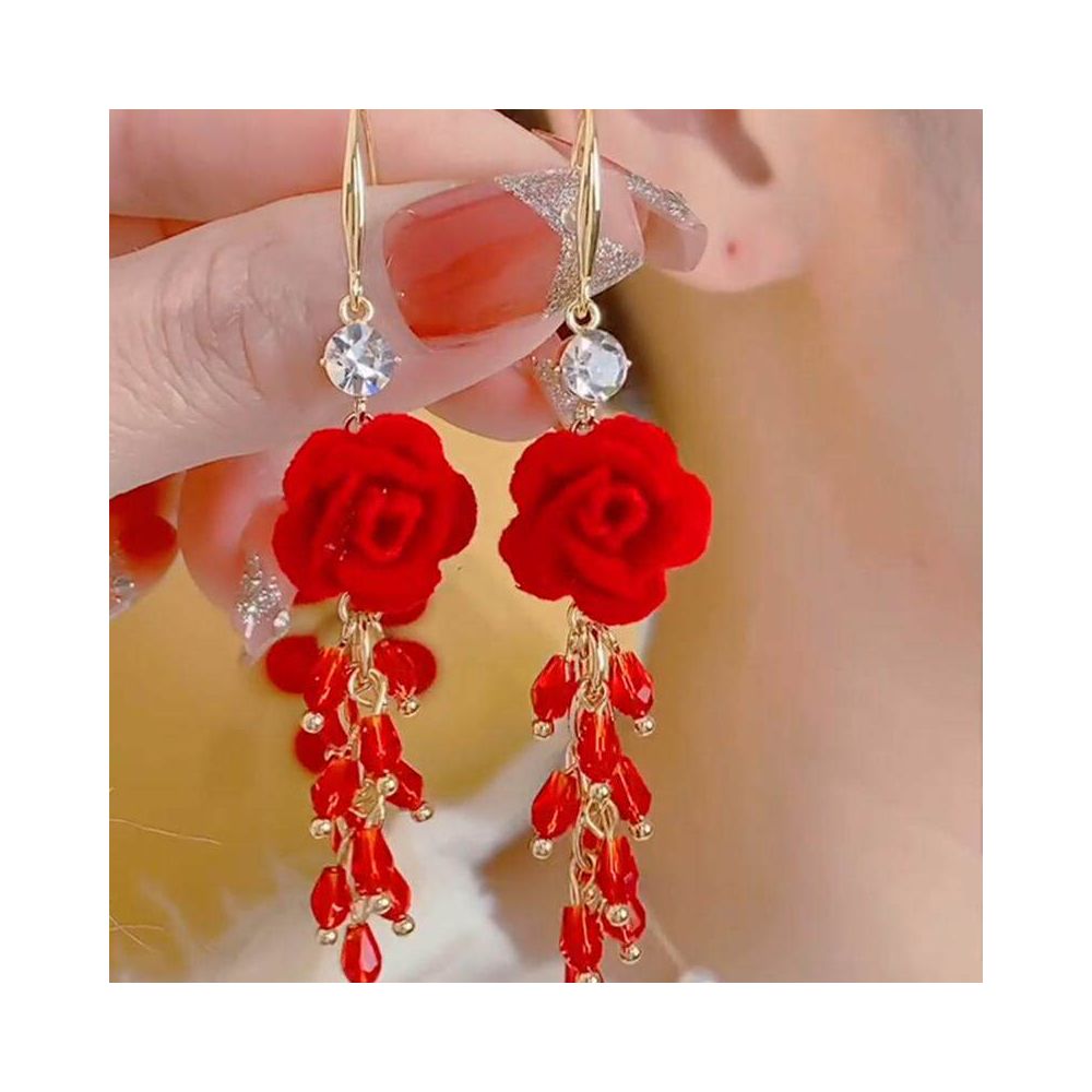 Elegant and high end red flower crystal tassel earrings with feminine temperament light luxury long earrings fashionable and festive earrings