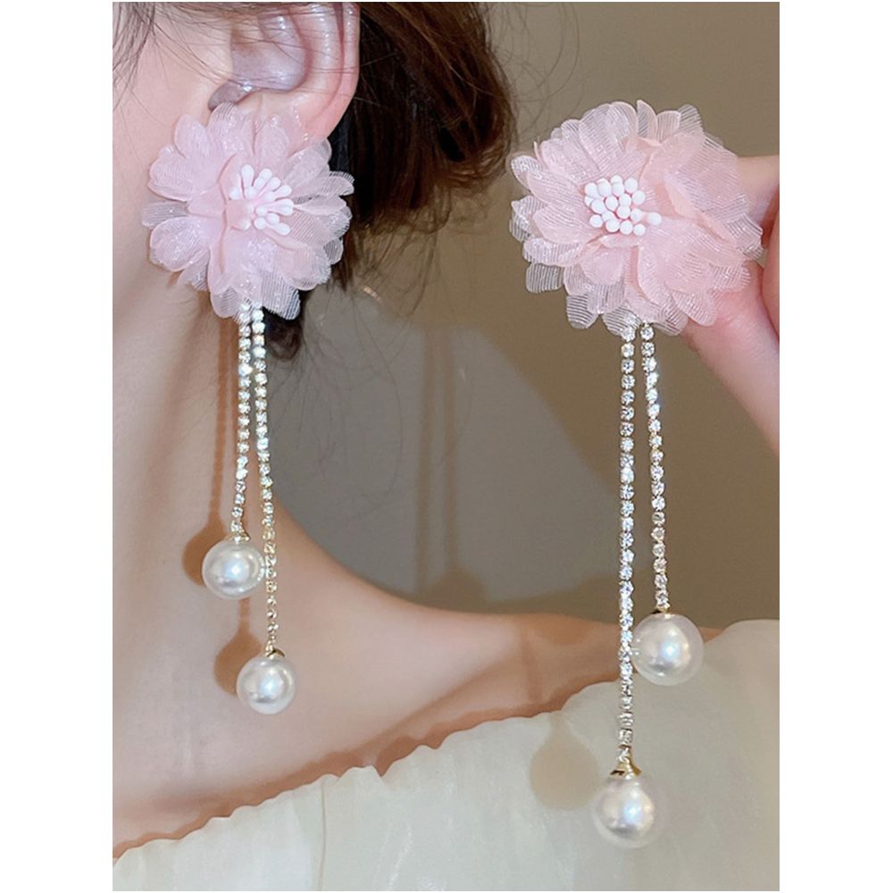 Silver Needle Unique and Beautiful Pink Long Flower Tassel Earrings New High end Exaggerated Pearl Earrings Earrings for Women image 2