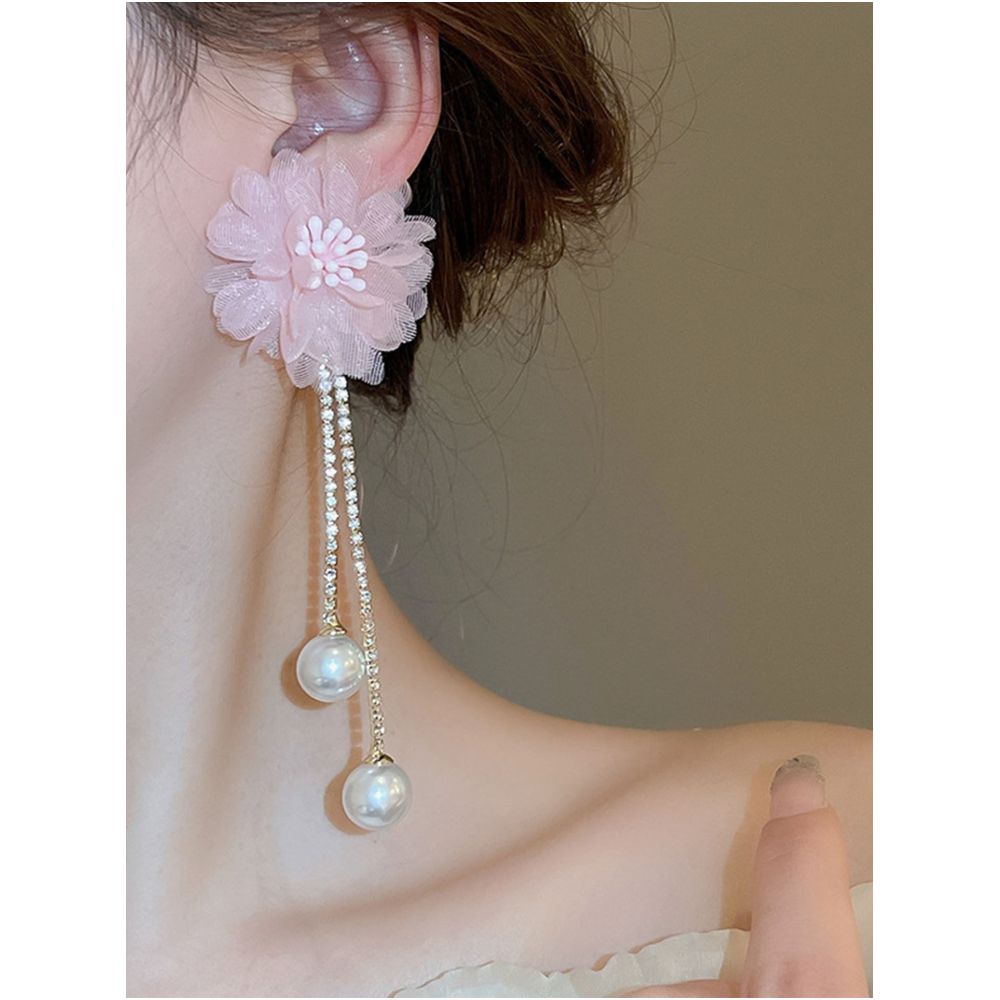 Silver Needle Unique and Beautiful Pink Long Flower Tassel Earrings New High end Exaggerated Pearl Earrings Earrings for Women image 4