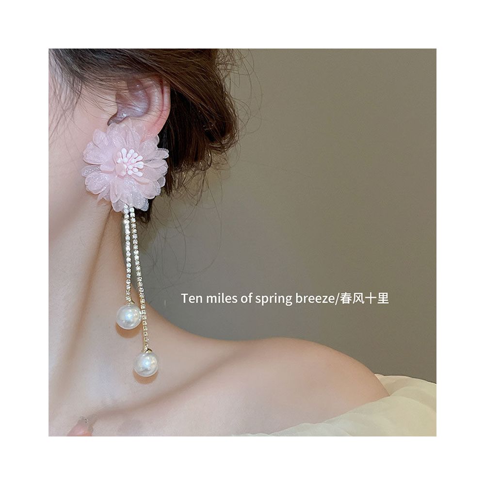 Silver Needle Unique and Beautiful Pink Long Flower Tassel Earrings New High end Exaggerated Pearl Earrings Earrings for Women