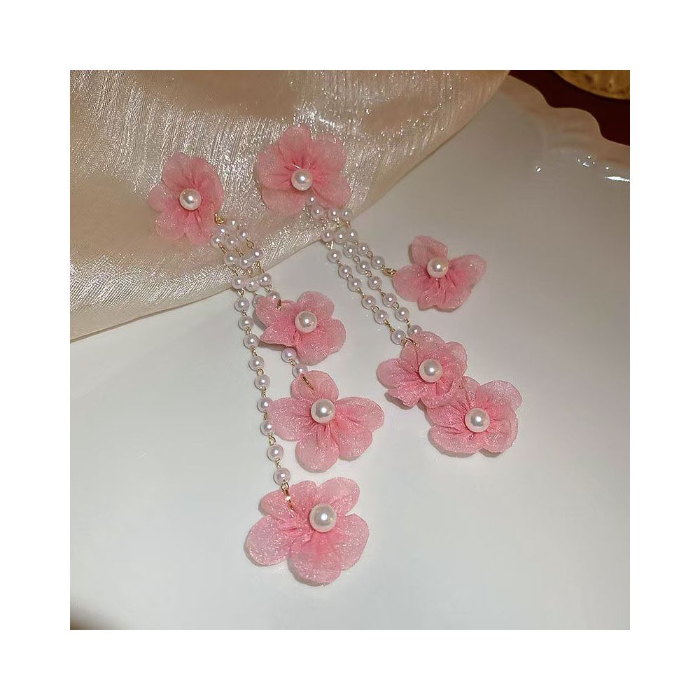 Silver Needle Unique and Beautiful Pink Long Flower Tassel Earrings New High end Exaggerated Pearl Earrings Earrings for Women