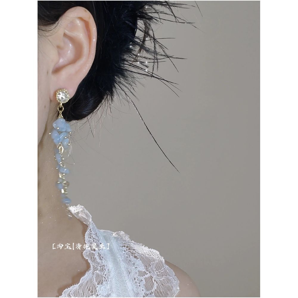 Broken Crystal Blue Island Smoke Blue Natural Stone Beads Vibrant Zircon Tassel Earrings Earclips image 1