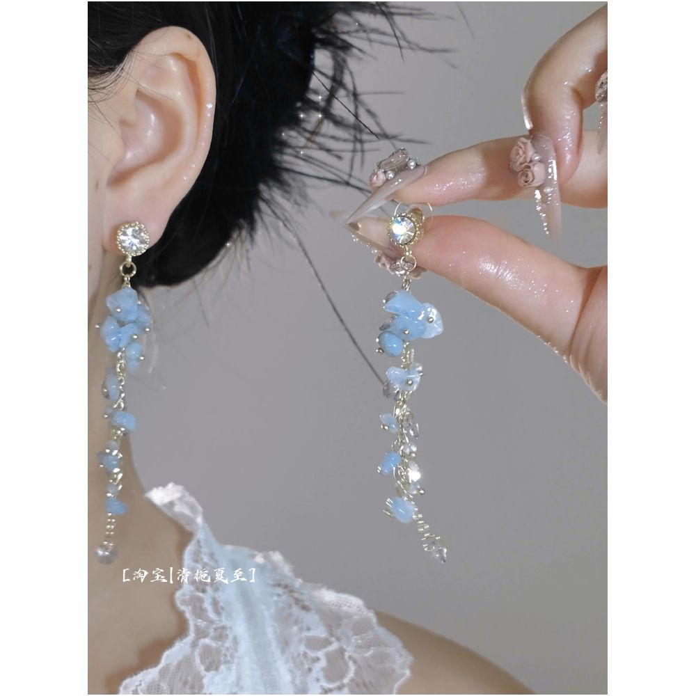 Broken Crystal Blue Island Smoke Blue Natural Stone Beads Vibrant Zircon Tassel Earrings Earclips image 2