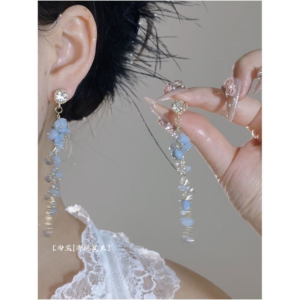 Broken Crystal Blue Island Smoke Blue Natural Stone Beads Vibrant Zircon Tassel Earrings Earclips image 3