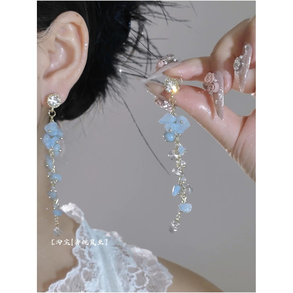 Broken Crystal Blue Island Smoke Blue Natural Stone Beads Vibrant Zircon Tassel Earrings Earclips image 4