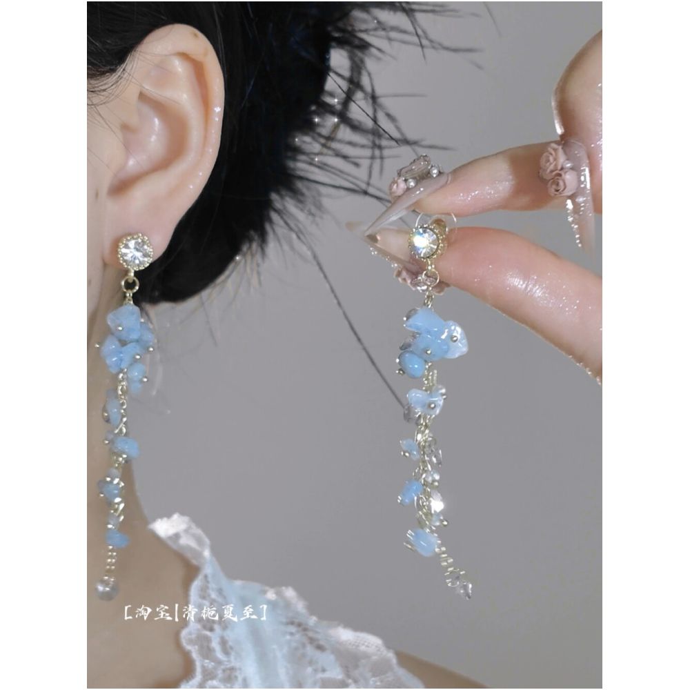 Broken Crystal Blue Island Smoke Blue Natural Stone Beads Vibrant Zircon Tassel Earrings Earclips