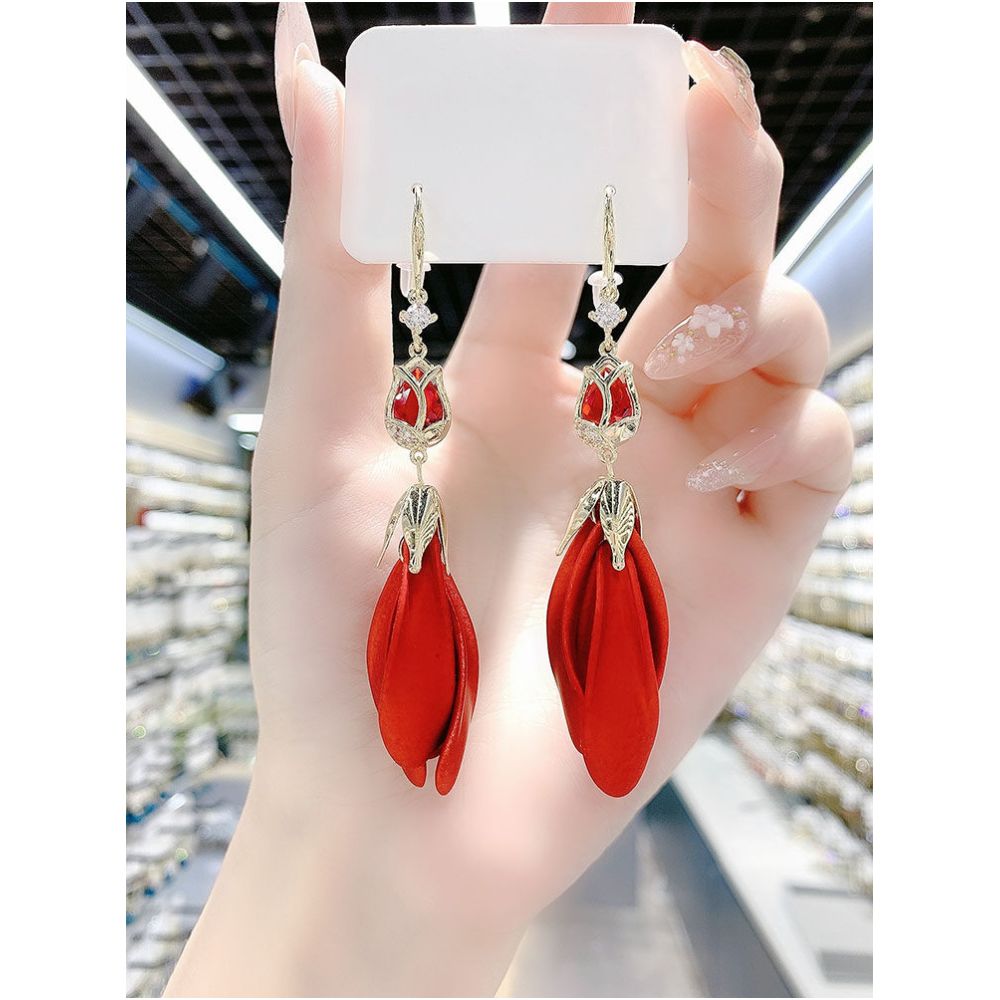 Red Tulip Petal Earrings 2025 New Trendy Long Style Tassel Eardrops Internet Red Design Earrings for Women image 2