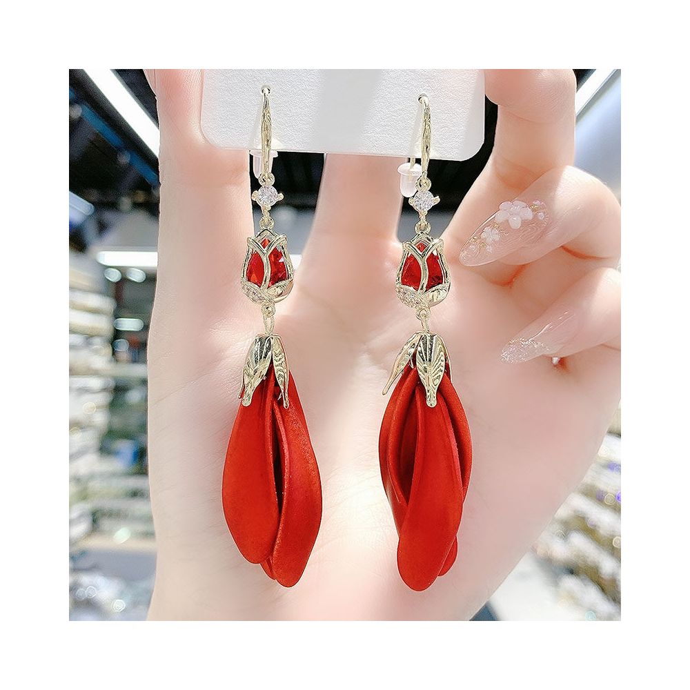 Red Tulip Petal Earrings 2025 New Trendy Long Style Tassel Eardrops Internet Red Design Earrings for Women