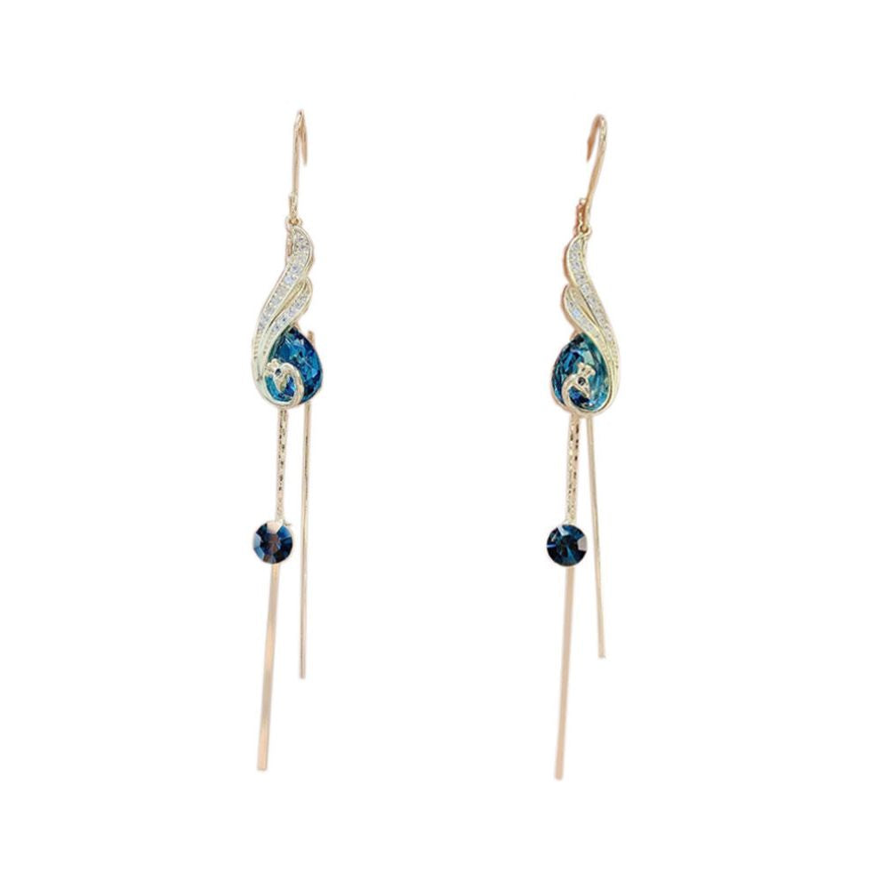 Fashionable design internet celebrity blue peacock ear line earrings 2025 new trendy long style phoenix crystal tassel earrings image 4