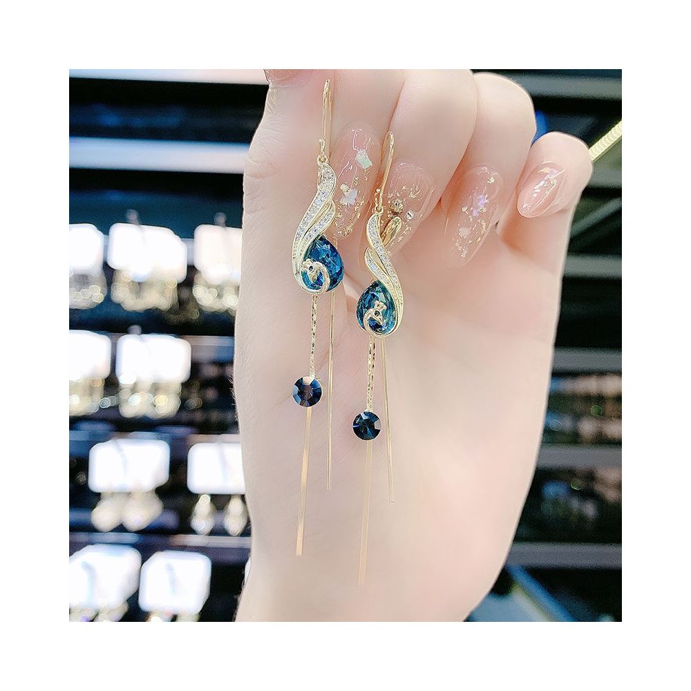 Fashionable design internet celebrity blue peacock ear line earrings 2025 new trendy long style phoenix crystal tassel earrings
