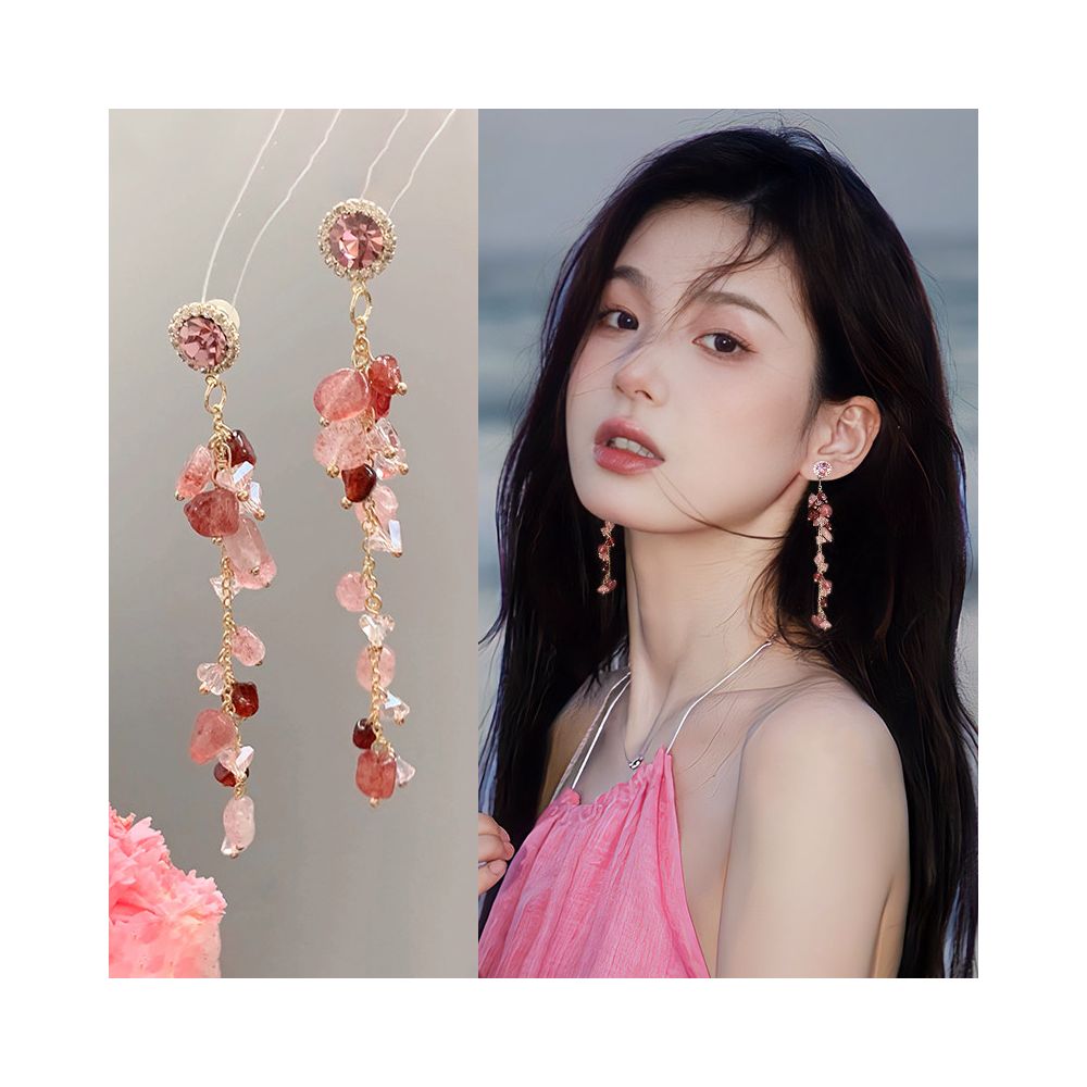 Pink gravel ear clip without ear hole women s new tassel earrings long version earrings seaside vacation style earrings earrings image 1