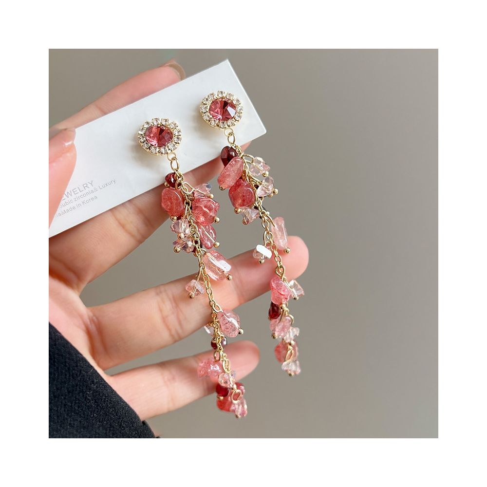 Pink gravel ear clip without ear hole women s new tassel earrings long version earrings seaside vacation style earrings earrings