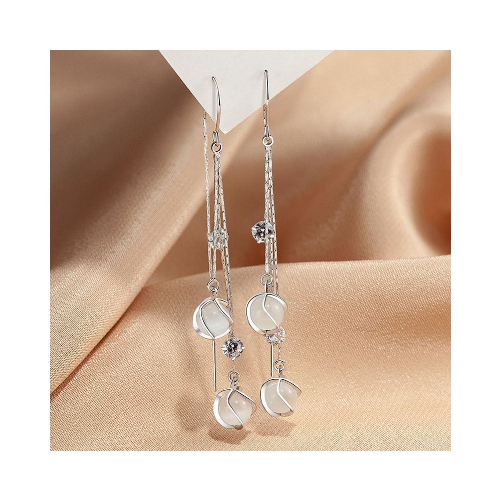 Long ear line women s 2025 new trendy and high end cat eye stone popular internet item slimming face and anti loss tassel earrings image 0