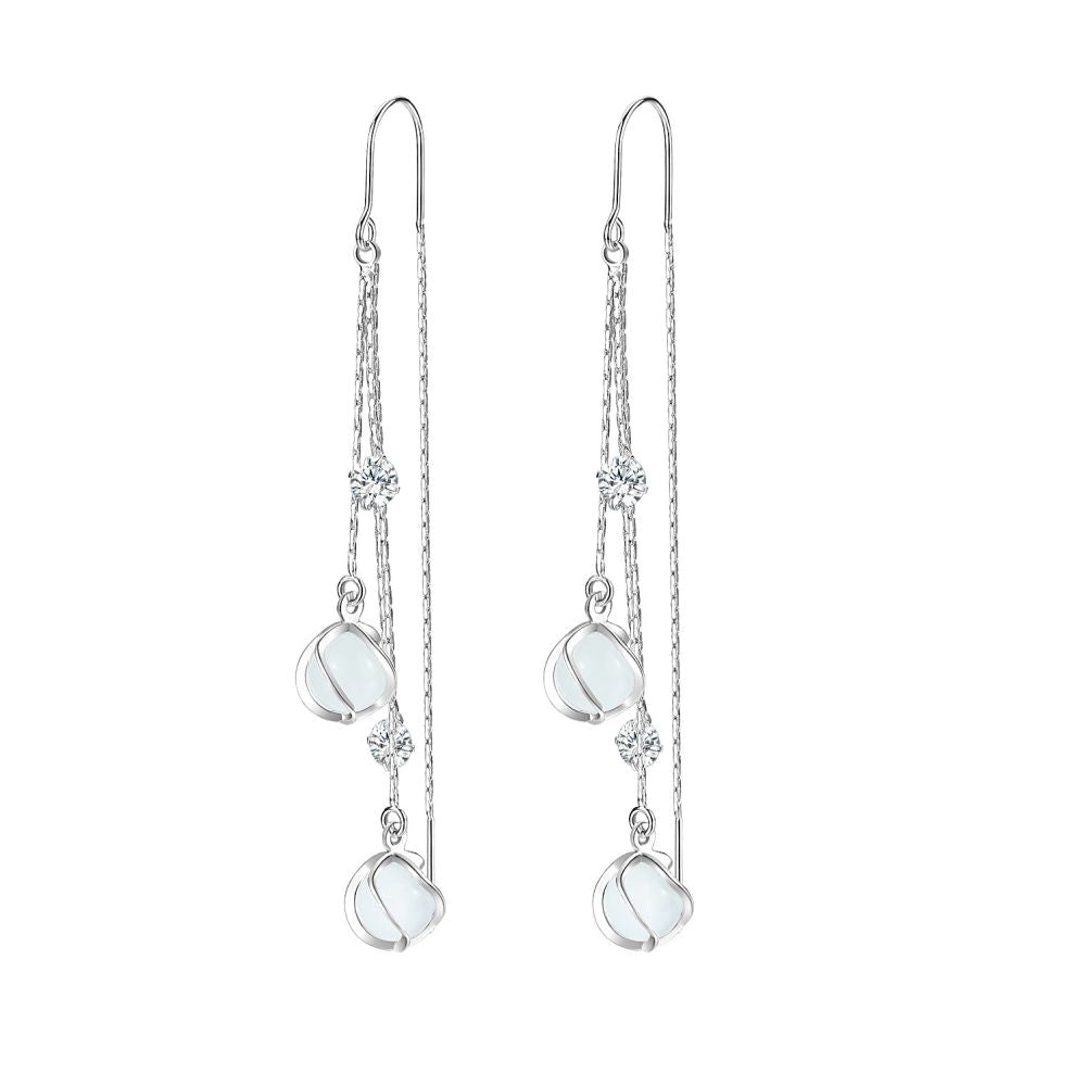 Long ear line women s 2025 new trendy and high end cat eye stone popular internet item slimming face and anti loss tassel earrings image 4