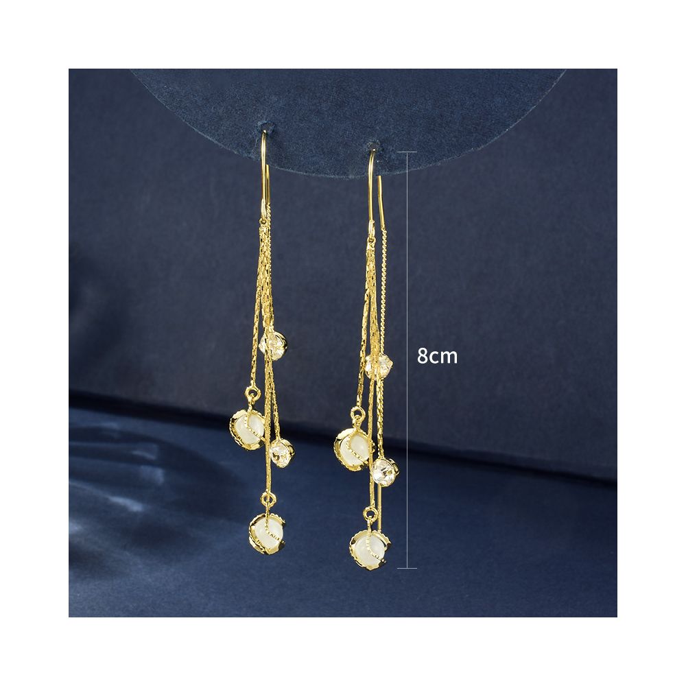 Long ear line women s 2025 new trendy and high end cat eye stone popular internet item slimming face and anti loss tassel earrings