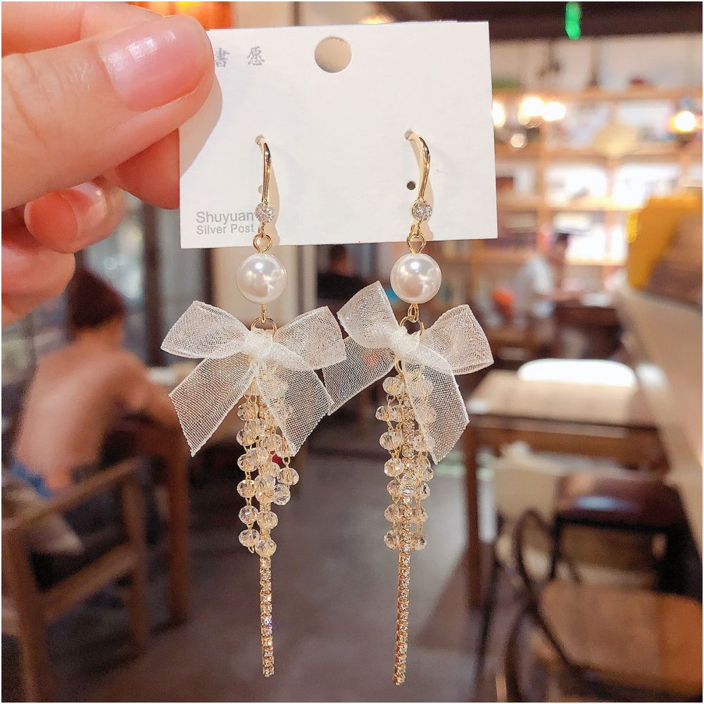 High end super fairy white bow crystal tassel ear hook earrings 2024 new trendy internet celebrity temperament earrings image 1