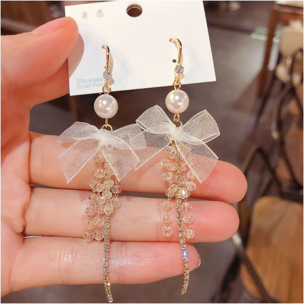 High end super fairy white bow crystal tassel ear hook earrings 2024 new trendy internet celebrity temperament earrings