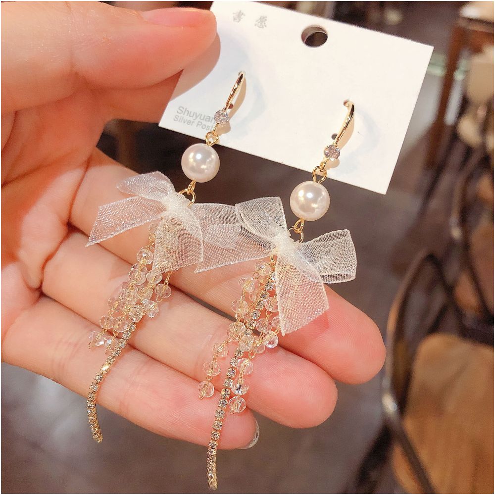 High end super fairy white bow crystal tassel ear hook earrings 2024 new trendy internet celebrity temperament earrings image 3