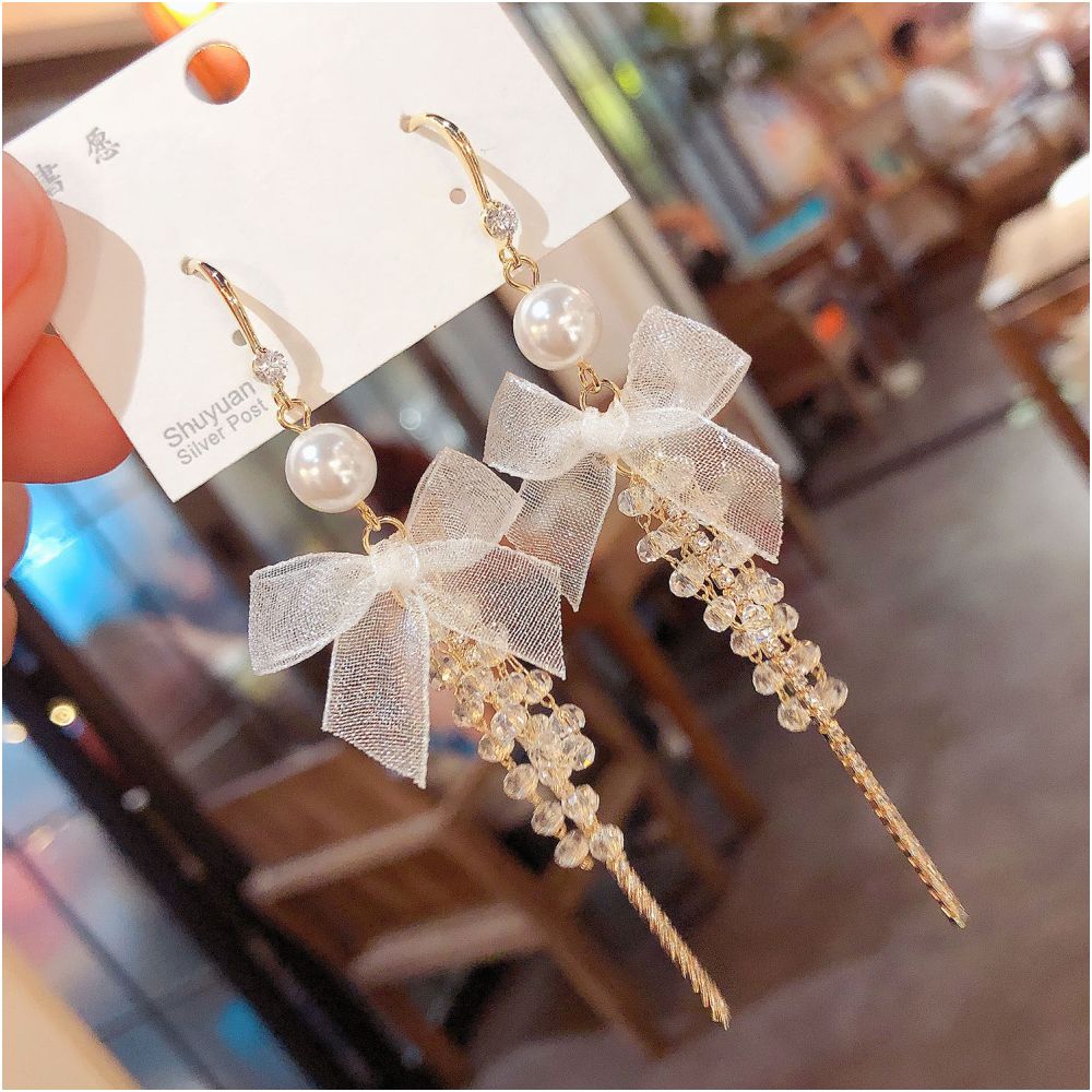 High end super fairy white bow crystal tassel ear hook earrings 2024 new trendy internet celebrity temperament earrings image 4