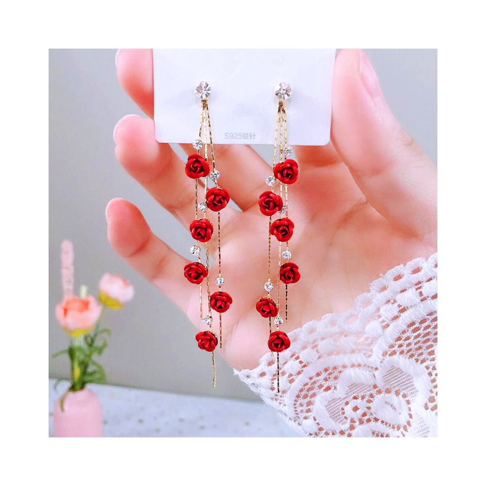 925 silver needle Japanese and Korean earrings long style tassel earrings for women with a high end feel rose earrings internet famous earrings for women image 0