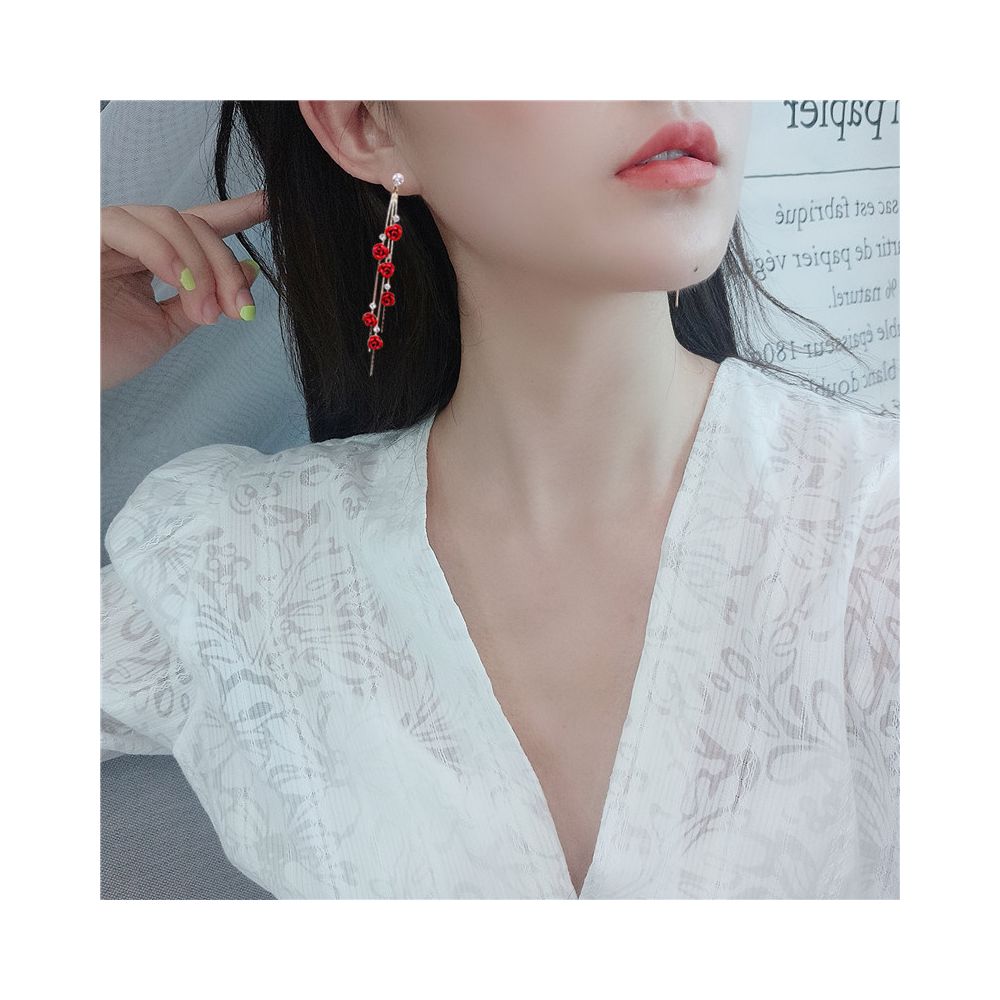 925 silver needle Japanese and Korean earrings long style tassel earrings for women with a high end feel rose earrings internet famous earrings for women image 1