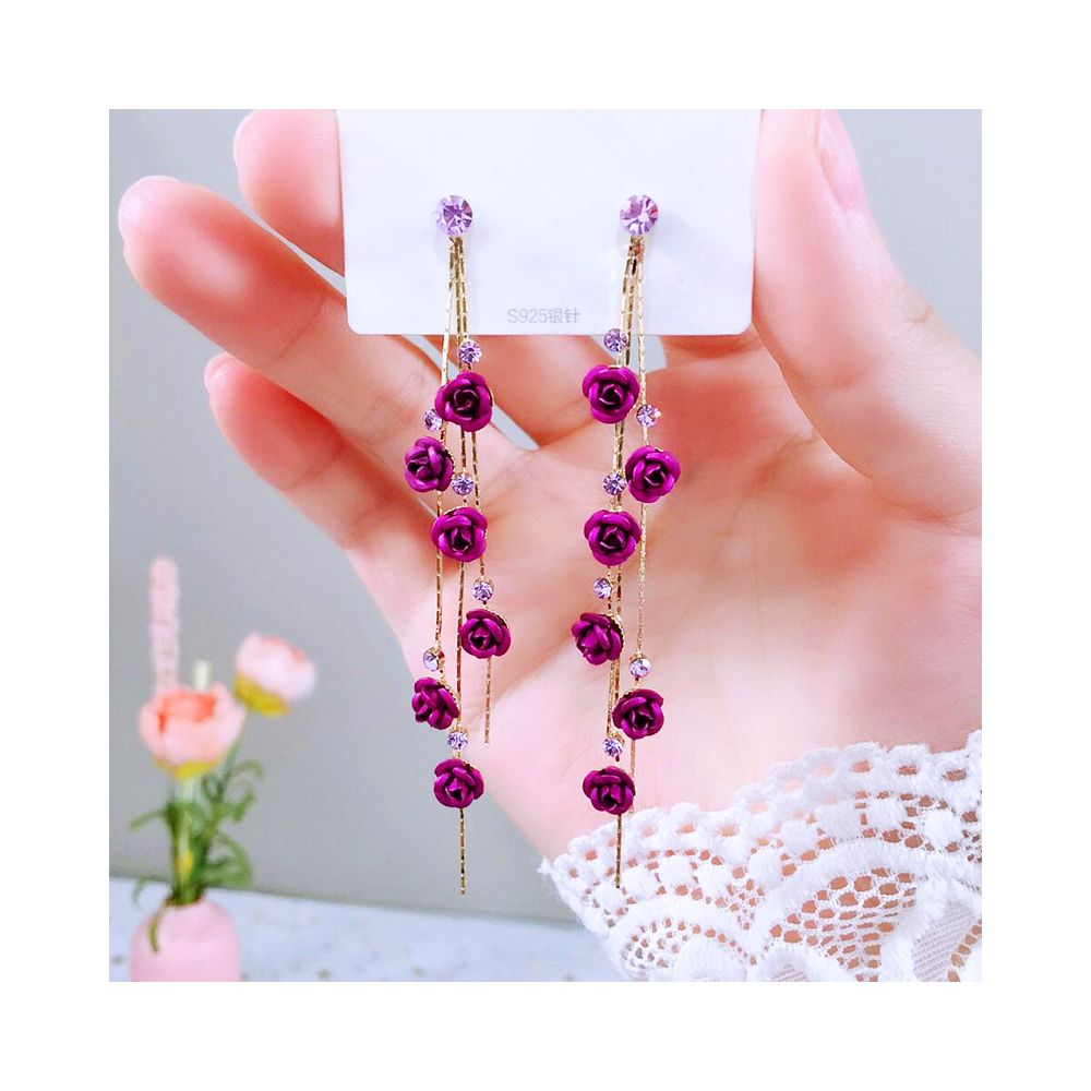 925 silver needle Japanese and Korean earrings long style tassel earrings for women with a high end feel rose earrings internet famous earrings for women