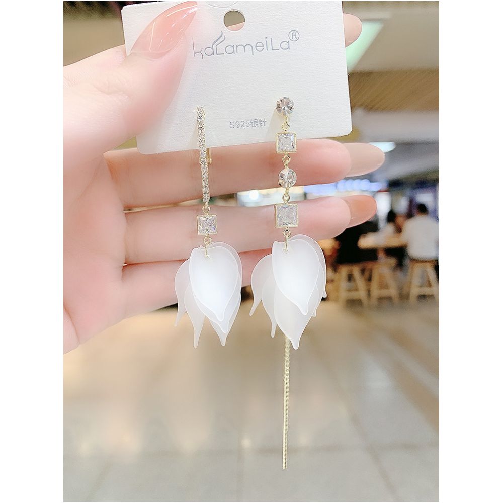Asymmetric petal tassel earrings for women with super fairy temperament long style with diamond inlaid AB flower earrings Korean internet celebrity earrings image 1