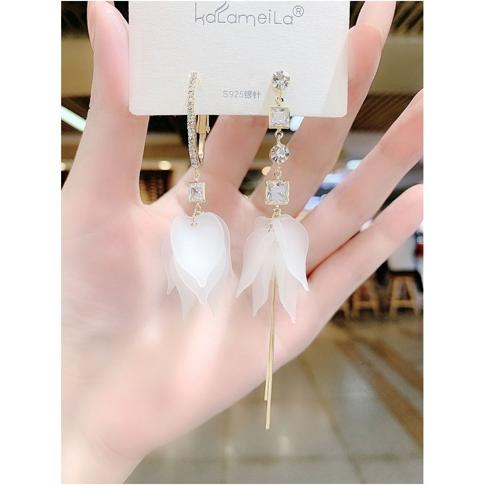 Asymmetric petal tassel earrings for women with super fairy temperament long style with diamond inlaid AB flower earrings Korean internet celebrity earrings image 3