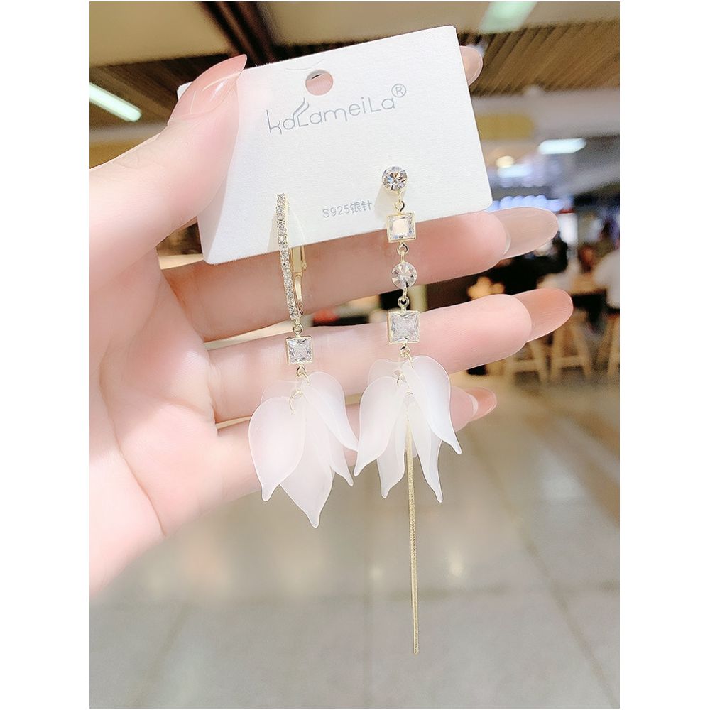 Asymmetric petal tassel earrings for women with super fairy temperament long style with diamond inlaid AB flower earrings Korean internet celebrity earrings image 4