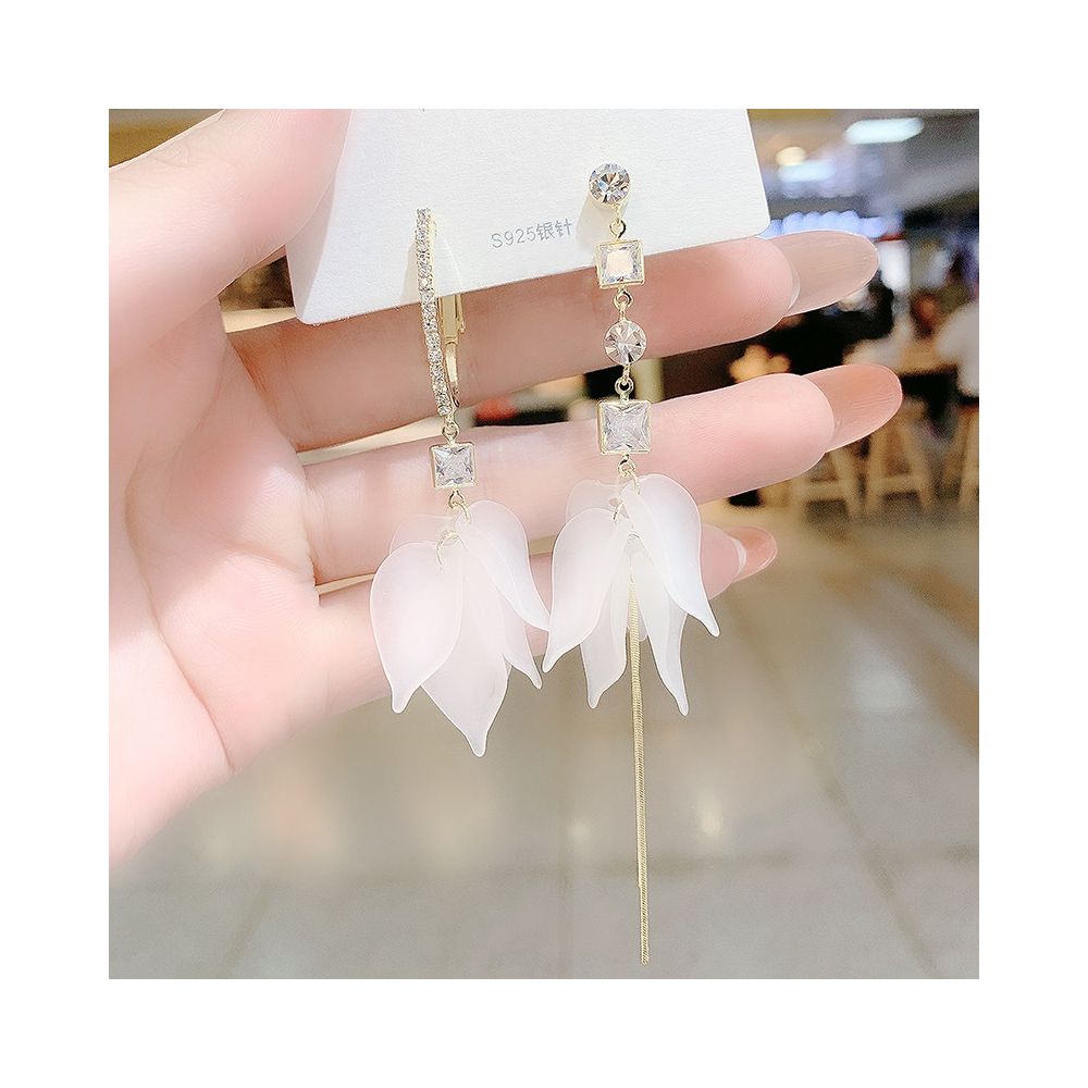 Asymmetric petal tassel earrings for women with super fairy temperament long style with diamond inlaid AB flower earrings Korean internet celebrity earrings
