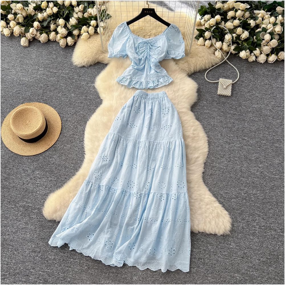 French style women s outfit fitted waist square neck puff sleeve blouse and high waisted hollowed out embroidered skirt vacation style set image 2