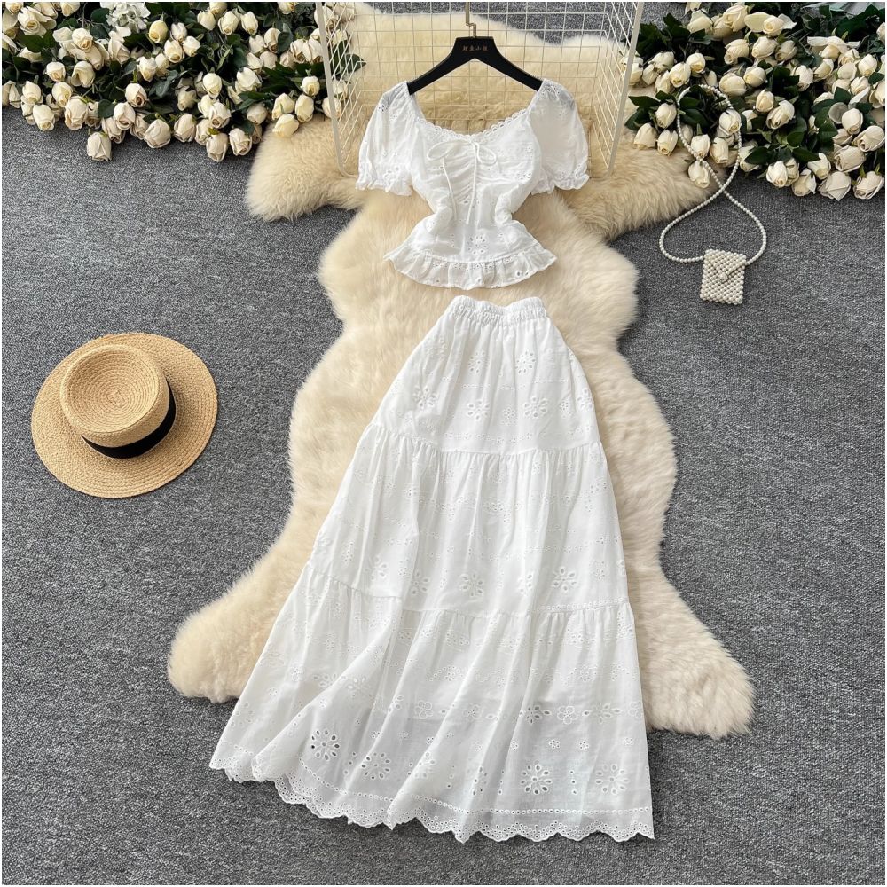 French style women s outfit fitted waist square neck puff sleeve blouse and high waisted hollowed out embroidered skirt vacation style set image 3