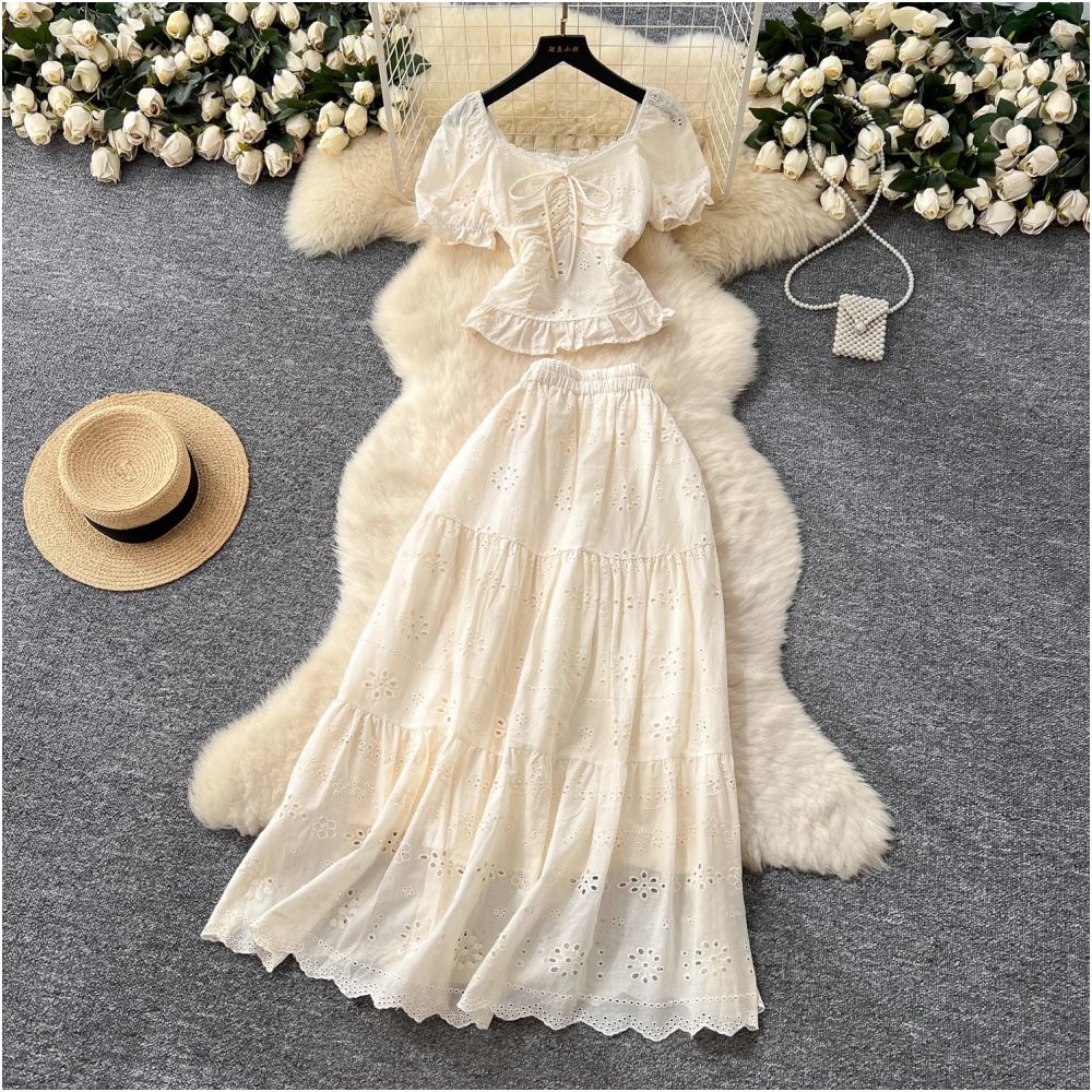 French style women s outfit fitted waist square neck puff sleeve blouse and high waisted hollowed out embroidered skirt vacation style set