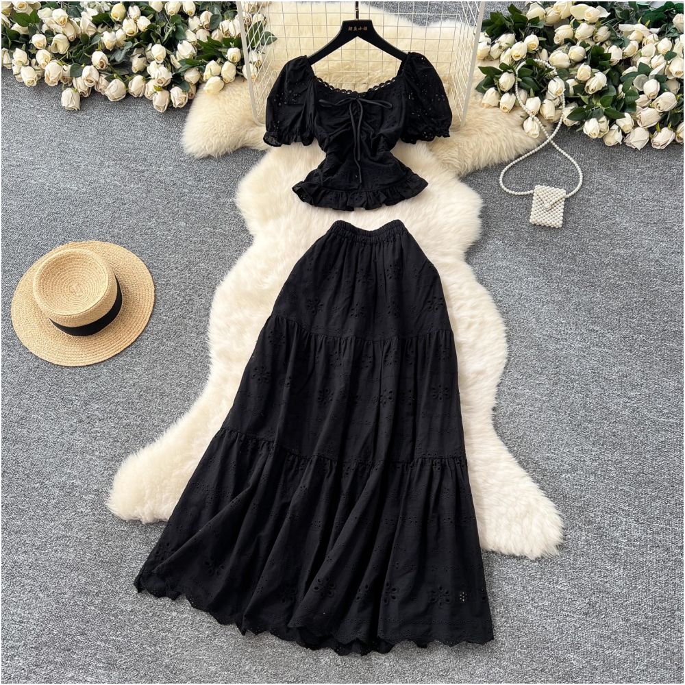 French style women s outfit fitted waist square neck puff sleeve blouse and high waisted hollowed out embroidered skirt vacation style set