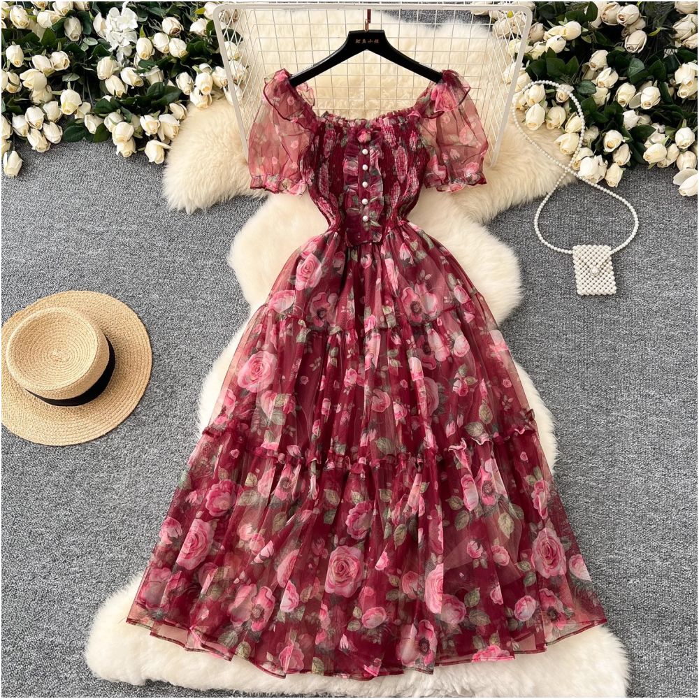 Tea break retro French style gentle floral chiffon dress for women waist cinching elegant off shoulder puff sleeve mesh skirt image 1