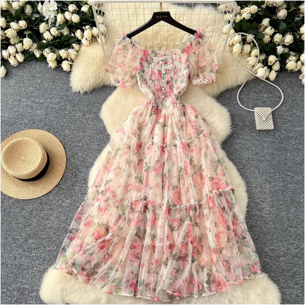 Tea break retro French style gentle floral chiffon dress for women waist cinching elegant off shoulder puff sleeve mesh skirt image 3