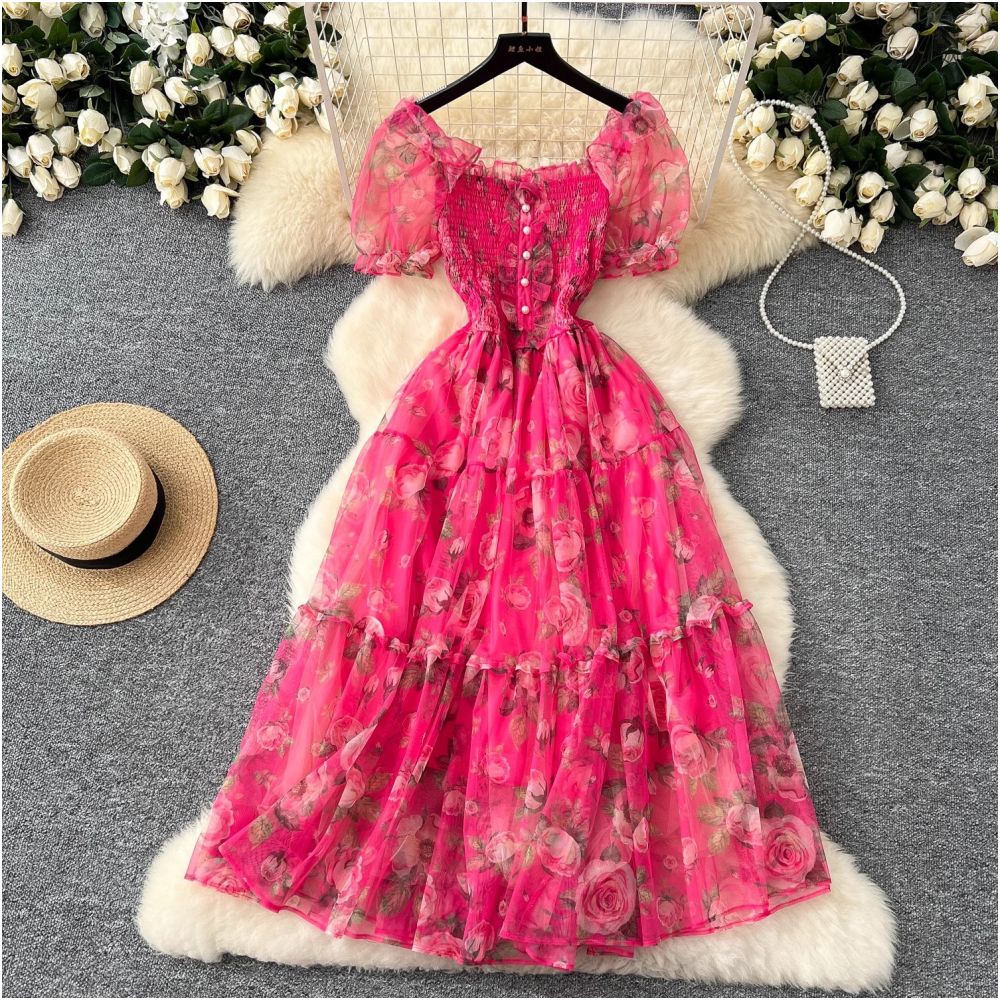 Tea break retro French style gentle floral chiffon dress for women waist cinching elegant off shoulder puff sleeve mesh skirt