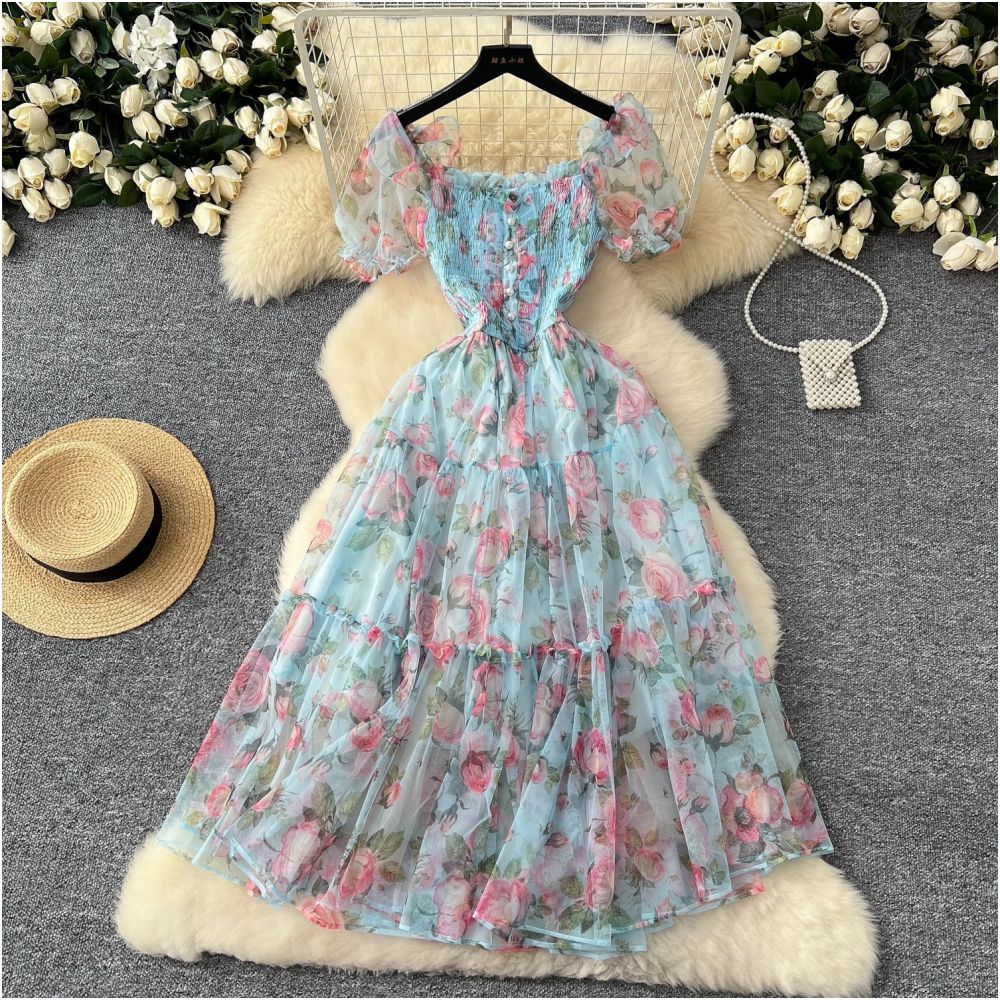 Tea break retro French style gentle floral chiffon dress for women waist cinching elegant off shoulder puff sleeve mesh skirt