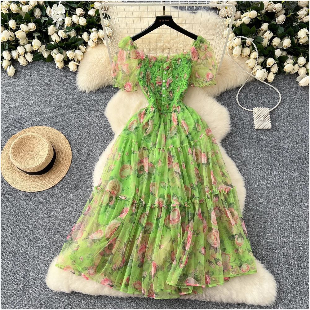 Tea break retro French style gentle floral chiffon dress for women waist cinching elegant off shoulder puff sleeve mesh skirt