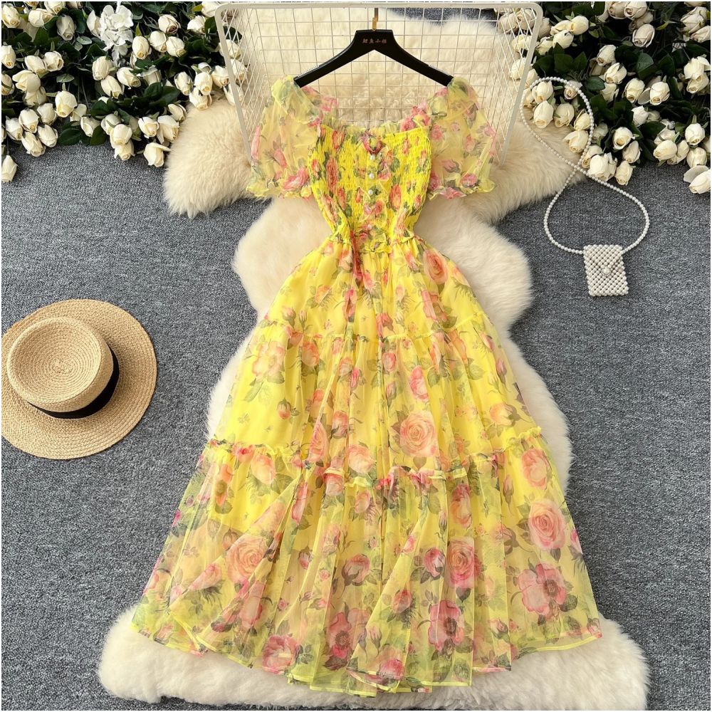 Tea break retro French style gentle floral chiffon dress for women waist cinching elegant off shoulder puff sleeve mesh skirt