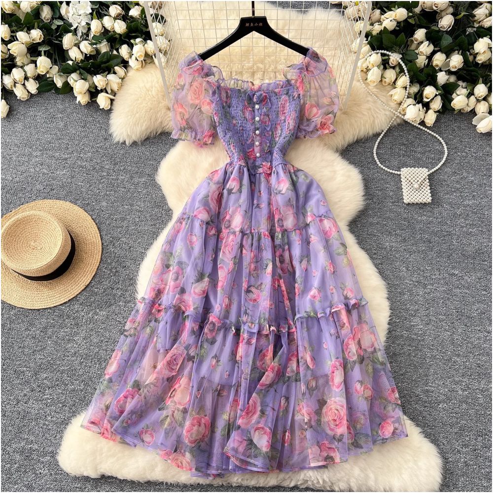 Tea break retro French style gentle floral chiffon dress for women waist cinching elegant off shoulder puff sleeve mesh skirt