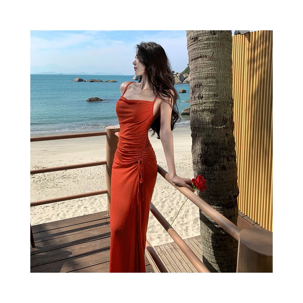 Pure and alluring design fishtail dress shimmering silk gown halter neck dress drawstring slit resort style slip dress