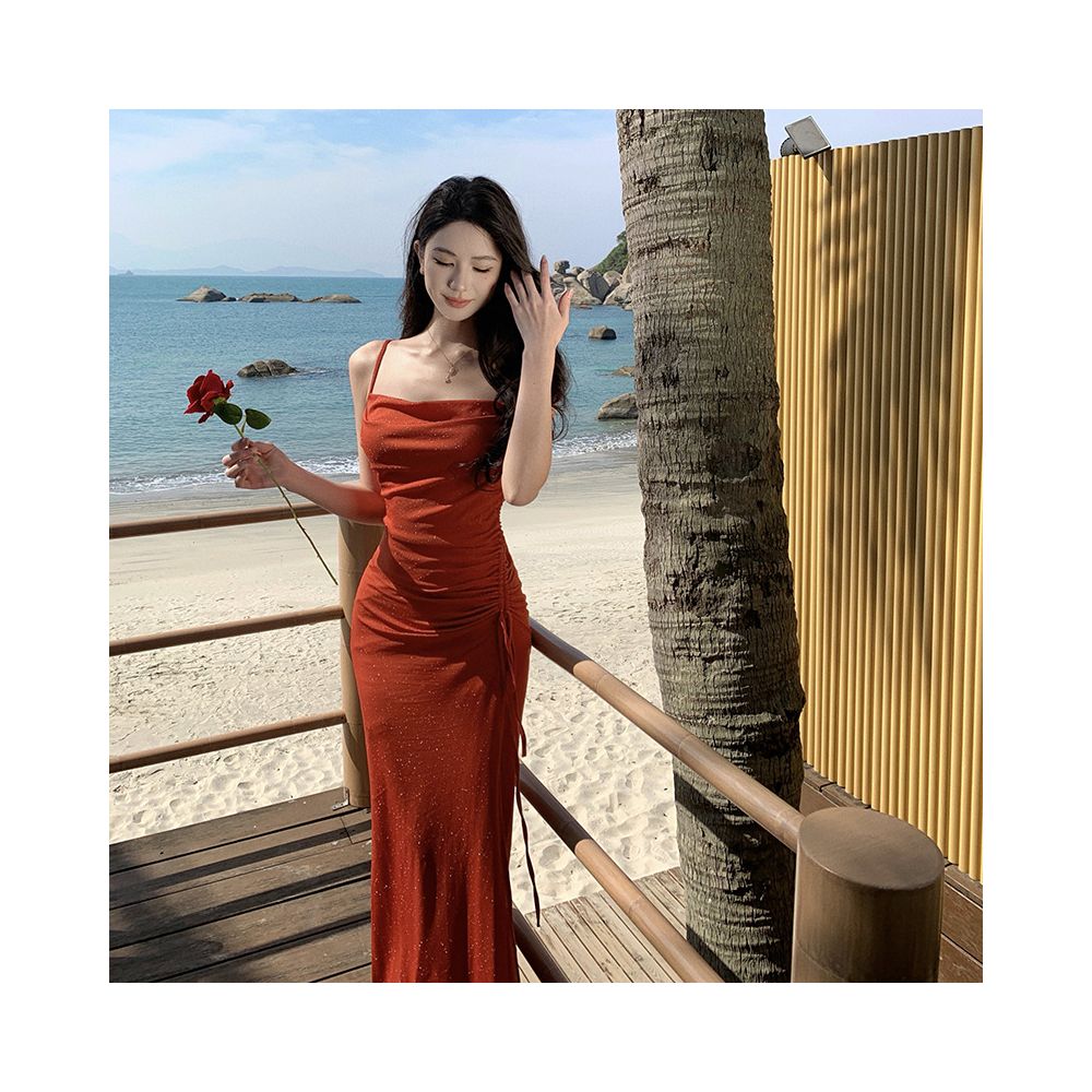 Pure and alluring design fishtail dress shimmering silk gown halter neck dress drawstring slit resort style slip dress image 2