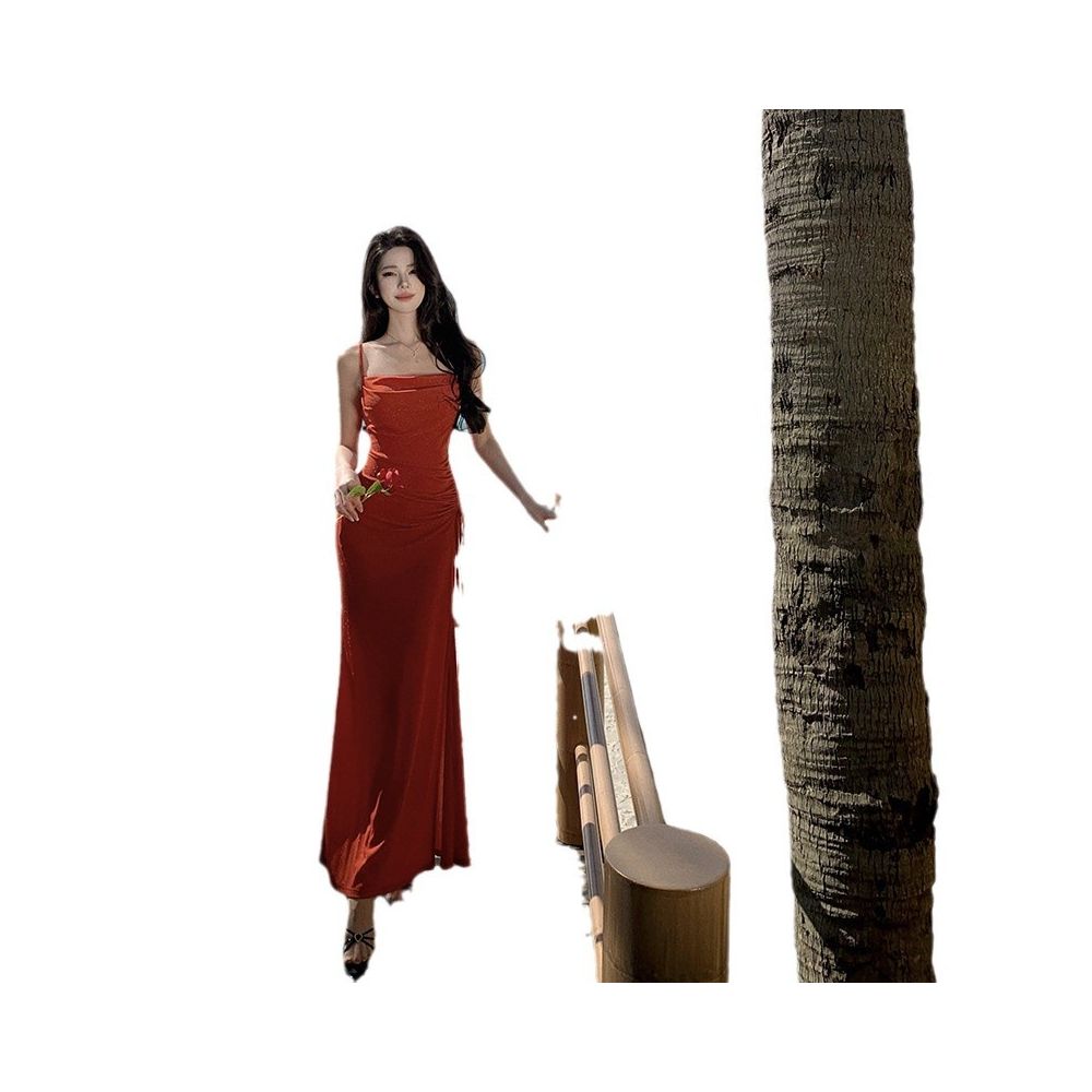Pure and alluring design fishtail dress shimmering silk gown halter neck dress drawstring slit resort style slip dress image 4