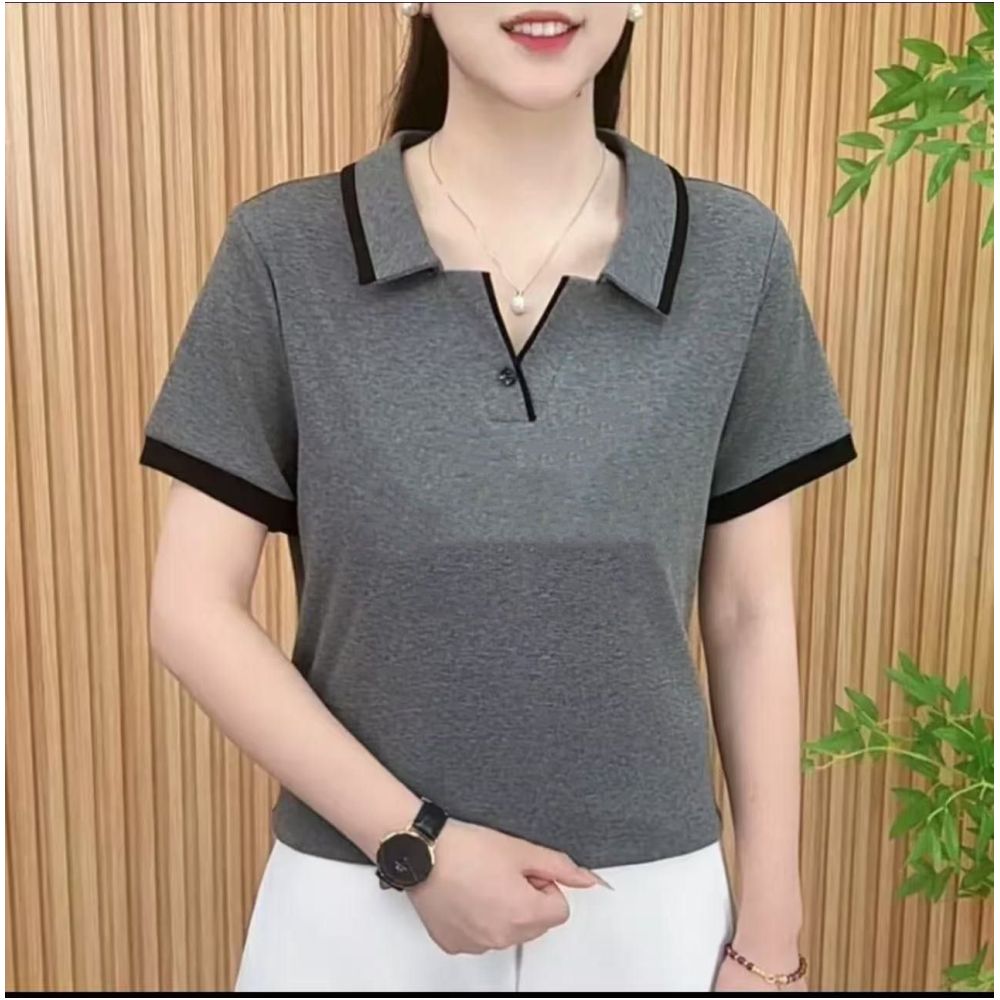 2025 Summer New Korean Style Fashionable and Stylish Mother s Outfit Color Block Retro Lapel Loose Slimming Short Sleeve T Shirt for Women image 1