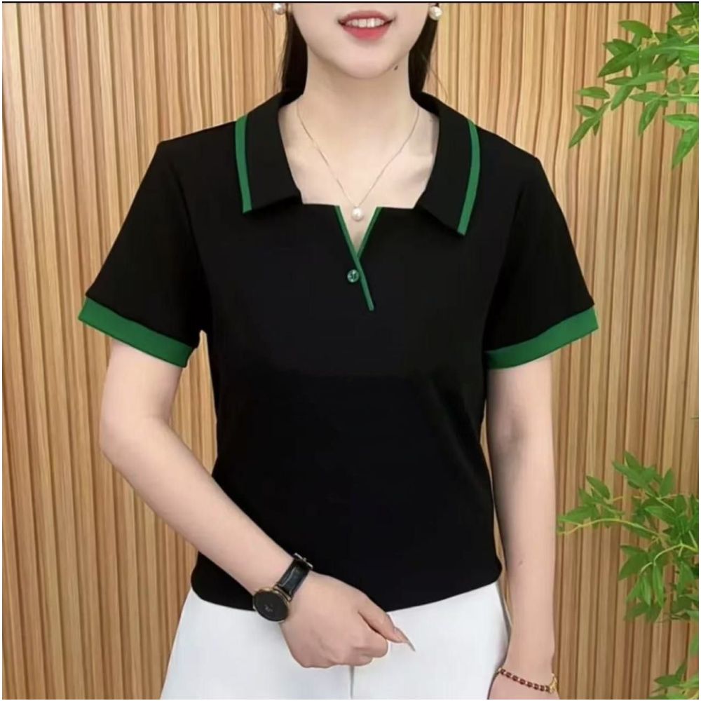 2025 Summer New Korean Style Fashionable and Stylish Mother s Outfit Color Block Retro Lapel Loose Slimming Short Sleeve T Shirt for Women image 2