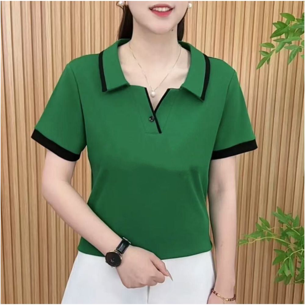 2025 Summer New Korean Style Fashionable and Stylish Mother s Outfit Color Block Retro Lapel Loose Slimming Short Sleeve T Shirt for Women image 3