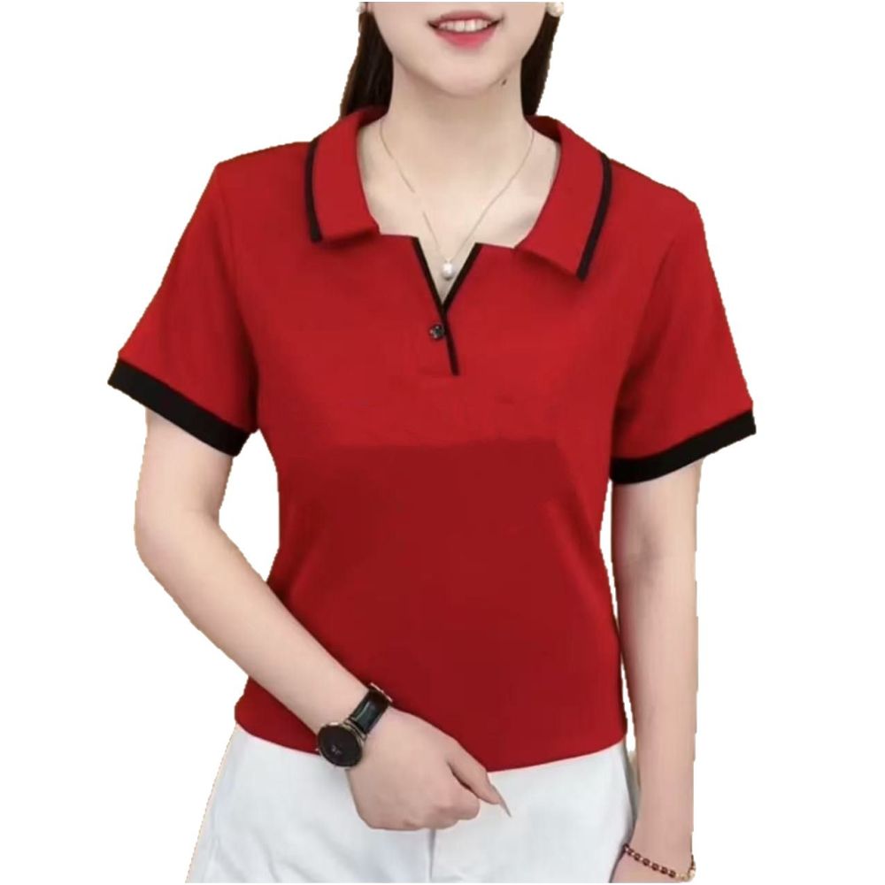 2025 Summer New Korean Style Fashionable and Stylish Mother s Outfit Color Block Retro Lapel Loose Slimming Short Sleeve T Shirt for Women image 4