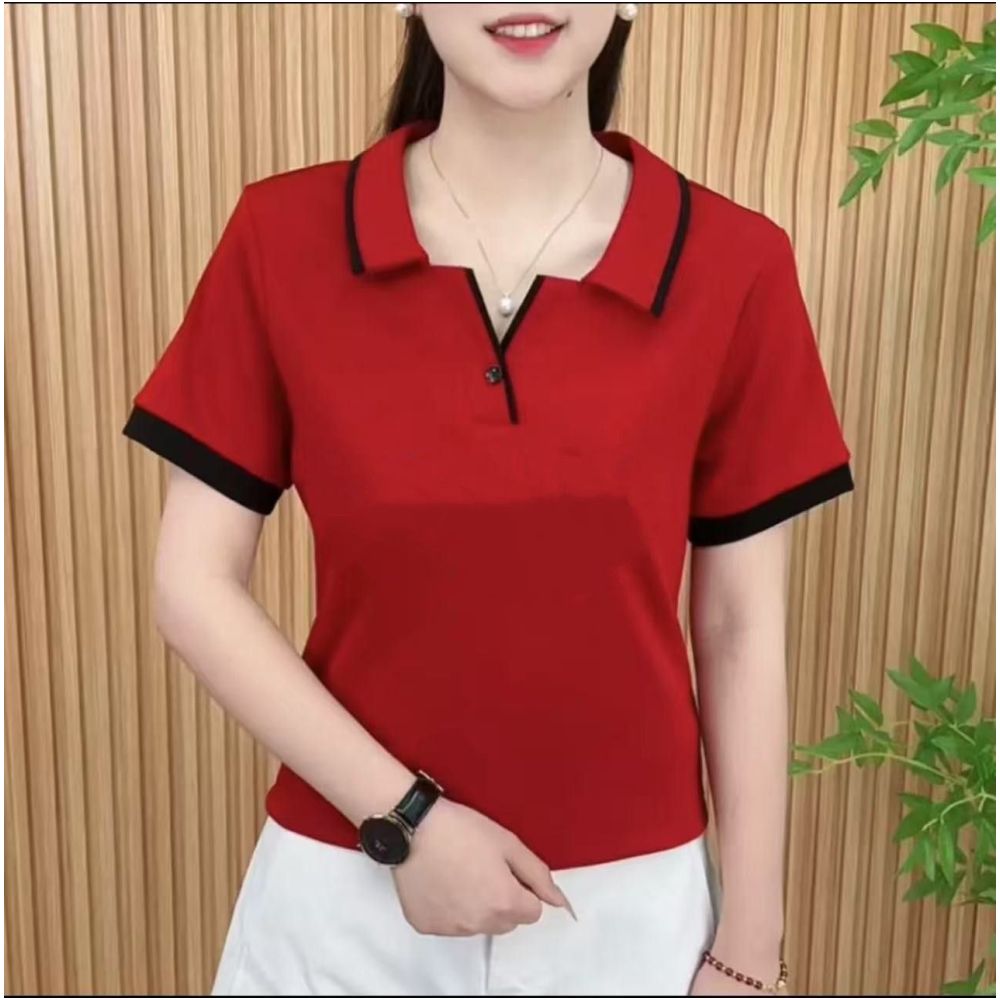 2025 Summer New Korean Style Fashionable and Stylish Mother s Outfit Color Block Retro Lapel Loose Slimming Short Sleeve T Shirt for Women