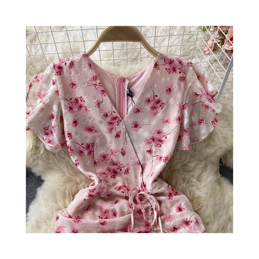 Summer French retro gentle style ruffled V neck fishtail bodycon chiffon floral dress fashion formal dress image 1